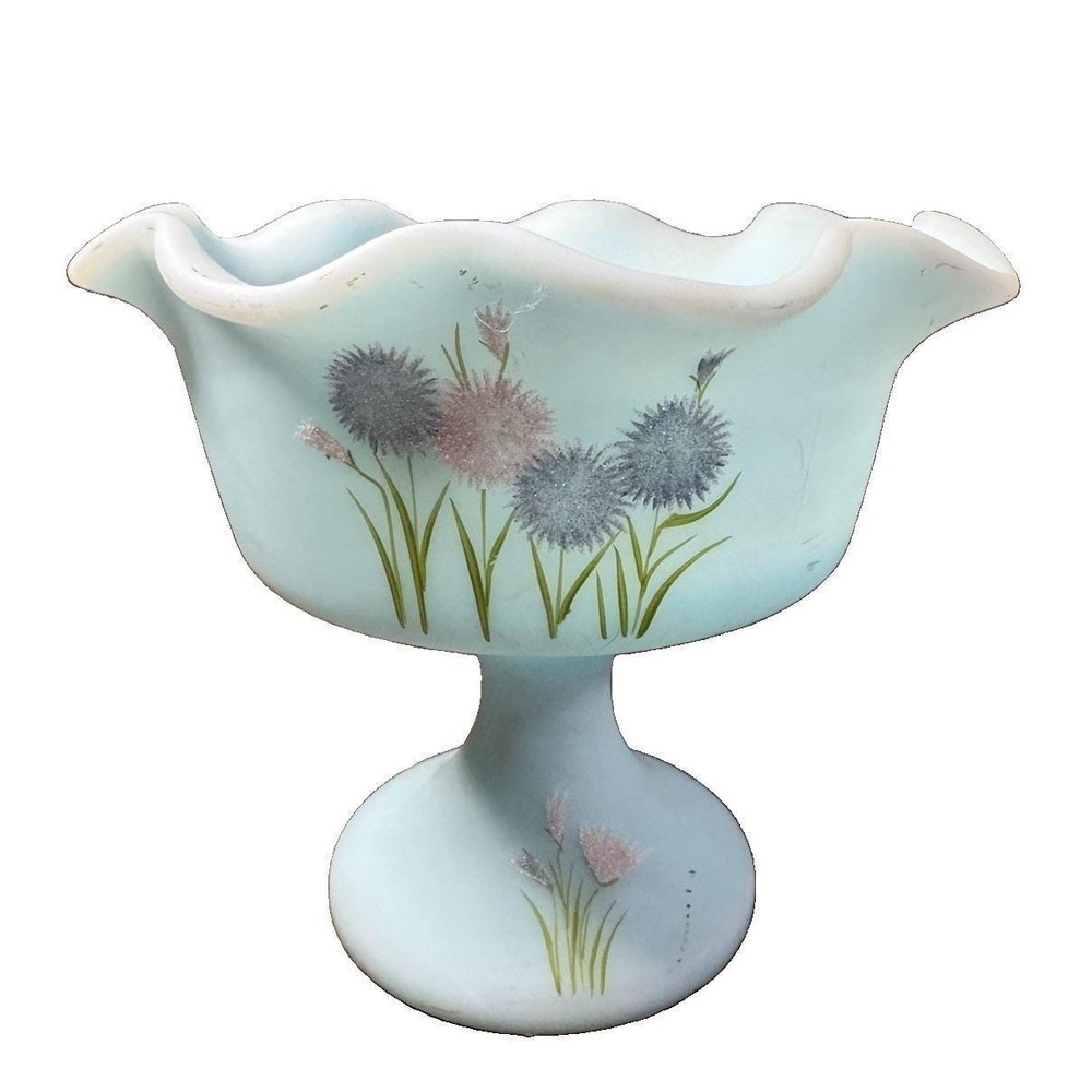 VTG Fenton Frosted Asters Blue Satin Ruffled Compote Pedestal Dish Hand Signed